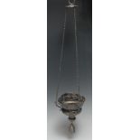 A Turkish silver hanging lamp, of ogee mosque lantern form, pierced and embossed with masks,