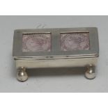 A Victorian design silver double-postage stamp box, rounded rectangular hinged cover,