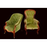 A matched Victorian three-piece drawing room suite, comprising a chaise longue, and two armchairs,