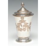 A George III Old Sheffield plate sugar vase and cover, flame finial,