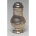 A George I/II silver baluster bun top pepper or muffineer, three-quarter girdle,