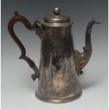 A George III Old Sheffield plate conical coffee pot, hinged cover with ball finial,