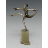 Josef Lorenzl (1892-1950), an Art Deco silvered bronze, A Dancer, green onyx square plinth and base,