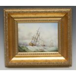 A English Porcelain rectangular plaque, painted by Stefan Nowacki, with galleons in rough seas,