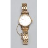 A lady's 9ct gold Omega wristwatch, baton numerals, flat brick link bracelet, boxed, 1967, 20.