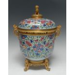 A Chinese ormolu-mounted Famille Rose porcelain cylinder jar and cover,
