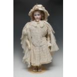 A German bisque head character doll, Lady of Fashion, with open blue eyes, closed mouth,