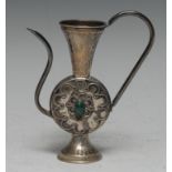 An Israeli silver ewer, applied with a malachite cabochon and a named view of Jerusalem,