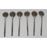 A set of six Russian silver and niello spoons, wrythen stems,