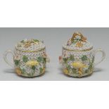 A pair of Meissen schneeballen chocolate cups and covers,