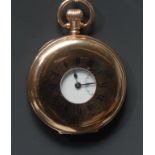 A George V 9ct gold half hunter Moeris pocket watch, white dial, bold Roman numerals, minute track,