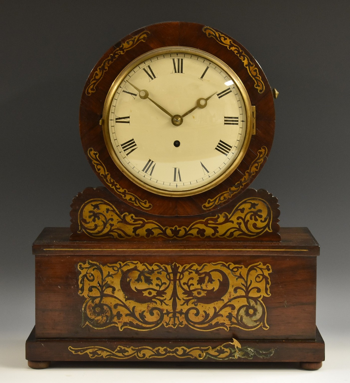 A post-Regency rosewood and brass marquetry drum-head library timepiece,