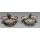 A pair of Worcester scallop shell three-section pickle dishes or sweetmeat stands,