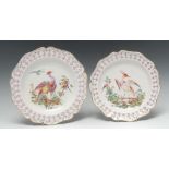 An early Derby cinquefoil-shaped plate, painted in tones of polychrome with disheveled birds,