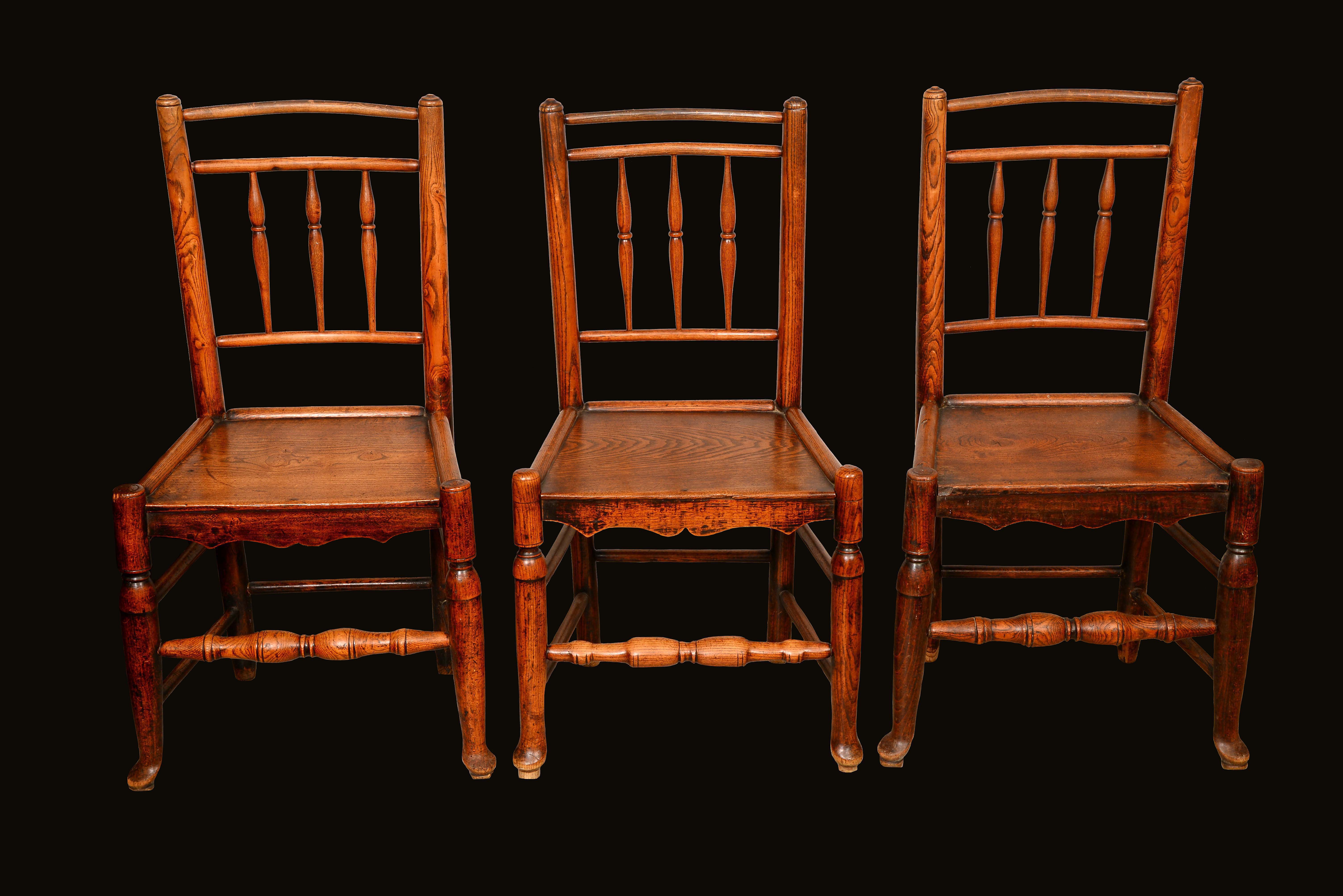 A harlequin set of six 19th century elm and ash dining chairs, turned spindle backs, panelled seats, - Image 2 of 2