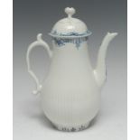 A Worcester ribbed pear shaped coffee pot, foliate border, scroll handle, domed cover,