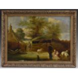 English School (mid-19th century) Sheep Shearing in the Farmyard oil on board,