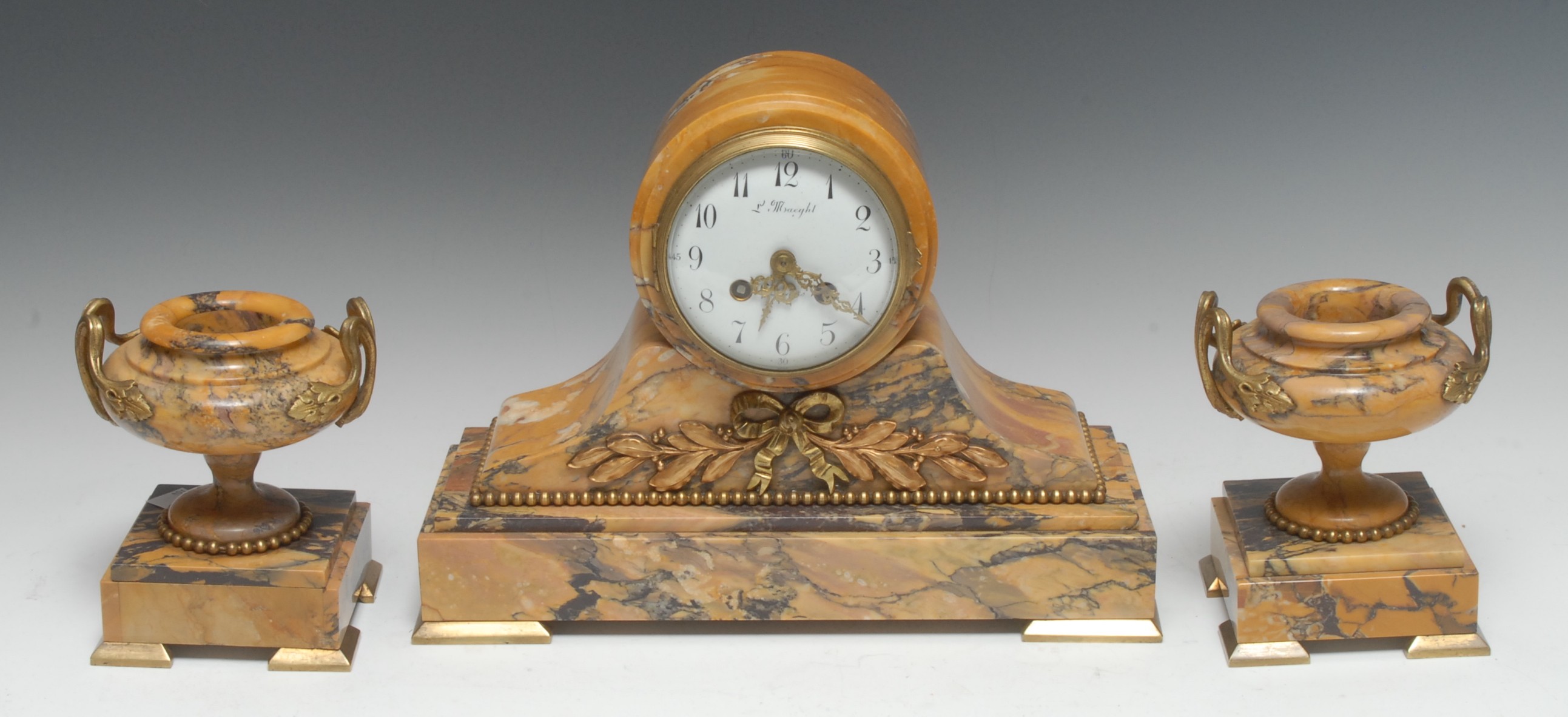 A 19th century Neoclassical Revival gilt-metal mounted Sienna Marble mantel clock garniture,