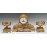 A 19th century Neoclassical Revival gilt-metal mounted Sienna Marble mantel clock garniture,