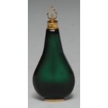 An 18th century gold mounted green glass flattened pear shaped scent bottle,