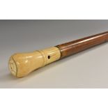 An early 18th century gentleman's ivory and malacca walking stick, turned bulbous handle,