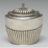 A Queen Anne Revival silver half-fluted oval tea caddy, hinged domed cover with spiral-knop finial,