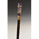 An Art Deco design amethyst, rock crystal and bamboo gentleman's walking stick,