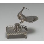 A 19th century Continental silver toothpick holder, probably Portuguese, as a peacock,