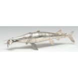 A Continental silver novelty articulated box, as a fish grasping its prey, hinged cover, 34cm long,