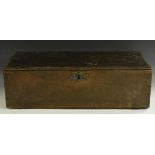 An early George III oak six-plank boarded table box, hinged cover, brass escutcheon, 64cm wide, c.