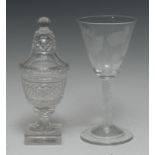 A small Regency glass urnular sweetmeat jar and cover, probably Irish, hobnail cut waist,