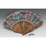 A late 19th century Cantonese paper fan, painted in polychrome with with figures in a landscape,