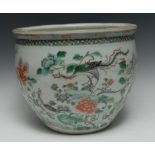 A Chinese ovoid fish bowl, painted in the Famille Verte palette with phoenix, insects and flowers,
