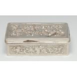 A Chinese silver rectangular snuff box, chased with blossoming prunus, 8cm wide, Wang Hing & Co,