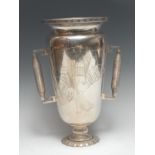 A substantial Japanese silver two-handled vase, engraved with a Geisha in a river landscape,
