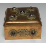 A 19th century brass gaming box, applied with banded agate cabochons and strapwork, fitted interior,