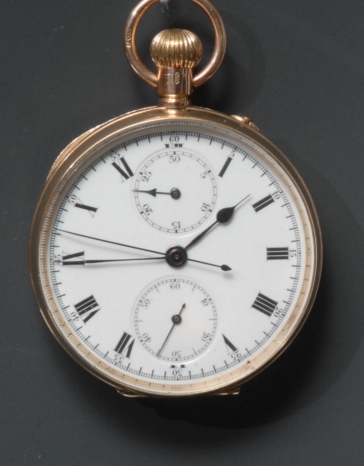 A 9ct gold open face pocket watch, white enamel dial, bold Roman numerals, minute track,