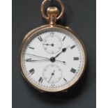 A 9ct gold open face pocket watch, white enamel dial, bold Roman numerals, minute track,