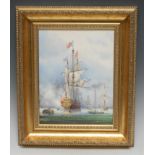 A English Porcelain rectangular plaque, painted by Stefan Nowacki, with anchored galleon, 27.