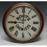 A Victorian mahogany wall timepiece, 29cm circular enamel dial now inscribed Boots Cash Chemists,