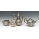 A Victorian silver four piece tea service, comprising teapot, milk jug, sugar bowl and coffee pot,