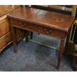 A George III mahogany tea table, rectangular folding top above a pair of frieze drawers,