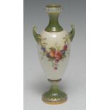 A Royal Worcester slender ovoid two handled vase, painted with fruiting branches,