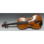 A viola, the two-piece back 40cm long excluding button, the body outlined throughout with purfling,
