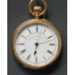 A late Victorian 18ct gold centre seconds chronograph pocket watch, white enamel dial,
