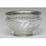 A French silver mounted clear glass wrythen oval sweetmeat bowl,