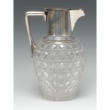 A Victorian silver mounted hobnail ovoid claret jug, hinged cover and cap to spout, angular handle,