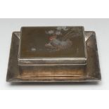 A Japanese silver and mixed metal rounded rectangular box and stand,