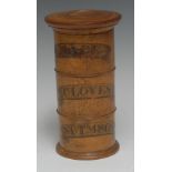 Treen - an early 19th century turned sycamore three section spice tower, labelled Mace,