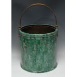 A faux malachite peat bucket or coal bin, brass swing handle, 35.